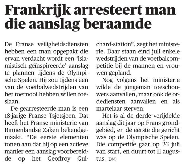 18-jarige Franse Tsjetsjeen plande een islamitisch geïnspireerde terroristische aanslag tijdens de Olympische spelen. Hopelijk blijven de Franse veiligheidsdiensten alert voor andere jihadistische terroristen. #Islam #Islamisering #omvolking