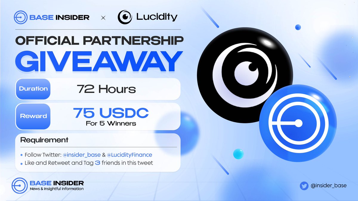 🎉 We're thrilled to host a giveaway with @LucidityFinance 🎉

Lucidity is LIVE on <a href="/base/">Base</a>! The leverage liquidity layer of the #DeFi stacks. Offering clarity, control, and convenience.

🎁 75 $USDC For 5 Winners:

Rules:
- Follow @LucidityFinance &amp; <a href="/insider_base/">Base Insider 🛡️</a>
- Like + RT + Tag