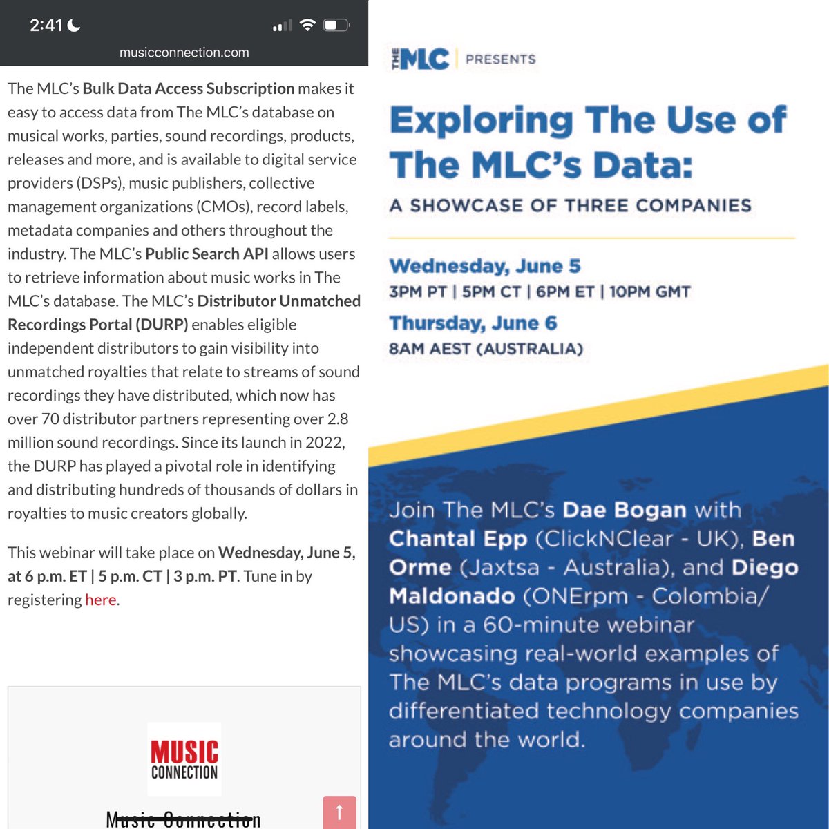 Thank you @music_connection for sharing our upcoming webinar. I am looking forward to presenting three music technology companies to showcase their use of @mlc_us data programs.