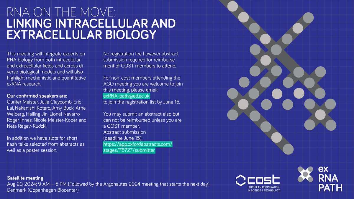 Amy Buck (@amyhbuck) on Twitter photo The AGO meeting was one of the best I've ever been to and looking forward to the next in Copenhagen. COST <a href="/exrnapath/">exRNA-PATH</a> is running a satellite meeting the day before (Aug 20) - if interested in joining this see below <a href="/hailingj1/">Hailing Jin</a> @RogerInnes1 <a href="/farmgirlphd/">Dr. Julie Claycomb</a> <a href="/EstherNolteHoen/">Esther Nolte-'t Hoen</a> <a href="/MeisterLab/">Meister lab</a> The AGO meeting was one of the best I've ever been to and looking forward to the next in Copenhagen. COST <a href="/exrnapath/">exRNA-PATH</a> is running a satellite meeting the day before (Aug 20) - if interested in joining this see below <a href="/hailingj1/">Hailing Jin</a> @RogerInnes1 <a href="/farmgirlphd/">Dr. Julie Claycomb</a> <a href="/EstherNolteHoen/">Esther Nolte-'t Hoen</a> <a href="/MeisterLab/">Meister lab</a>
