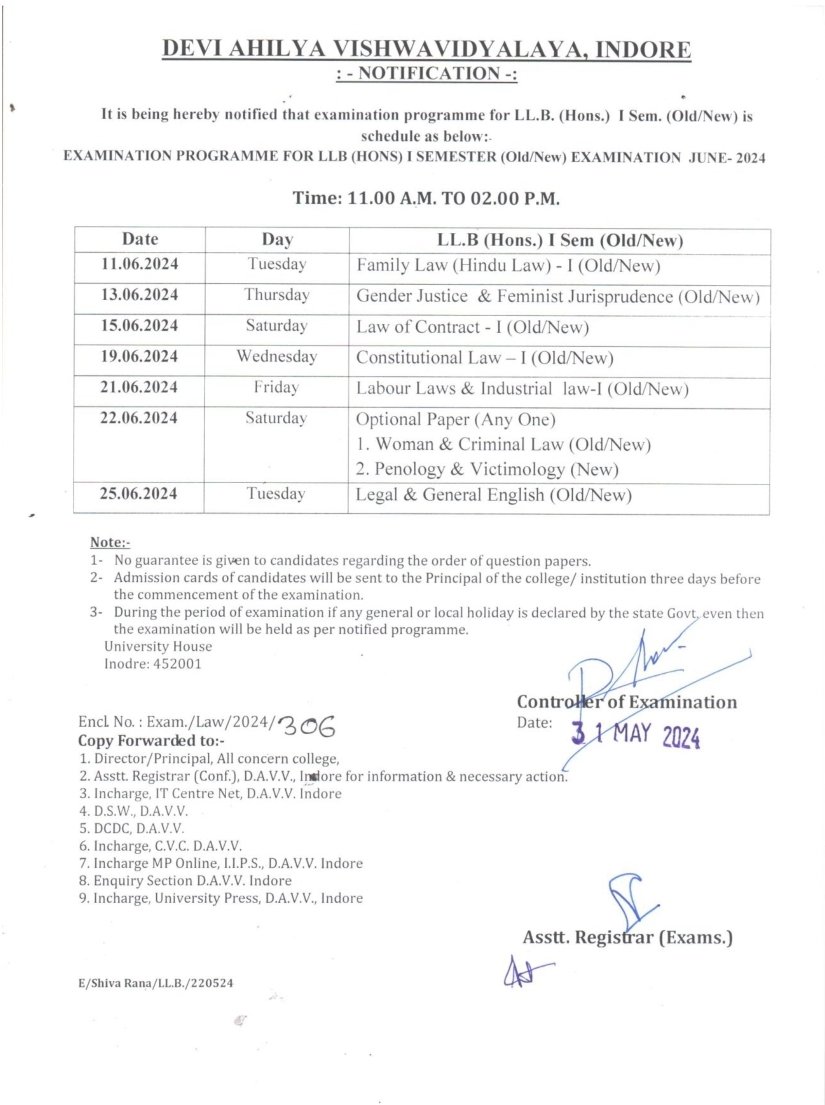 Davv_indore's tweet photo. Final Exam Time Table of BALLB, BBALLB and LLB 1st sem https://t.co/ulQzGkAqXW
