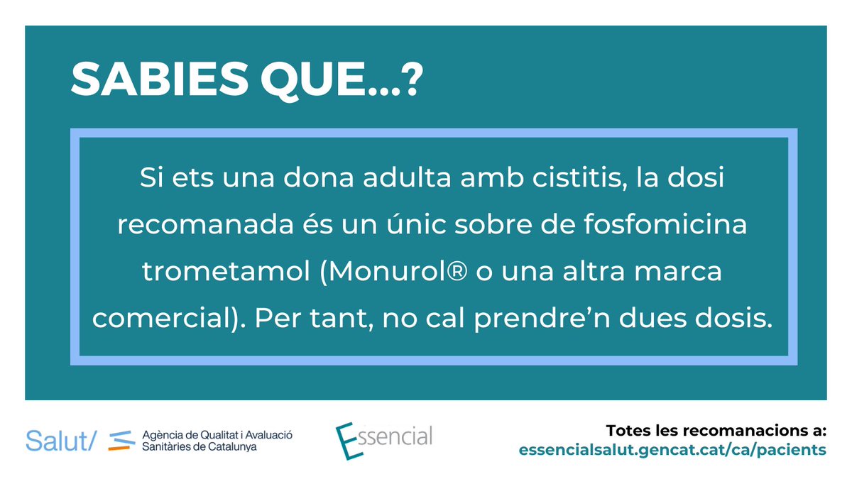 A més de la recomanació per a professionals, la recomanació Essencial de #cistitis i #fosfomicina en dones també disposa de versió per a pacients.

essencialsalut.gencat.cat/web/.content/m…

#EssencialSalut