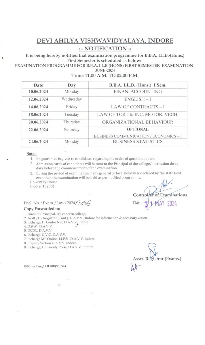 Davv_indore's tweet photo. Final Exam Time Table of BALLB, BBALLB and LLB 1st sem https://t.co/ulQzGkAqXW