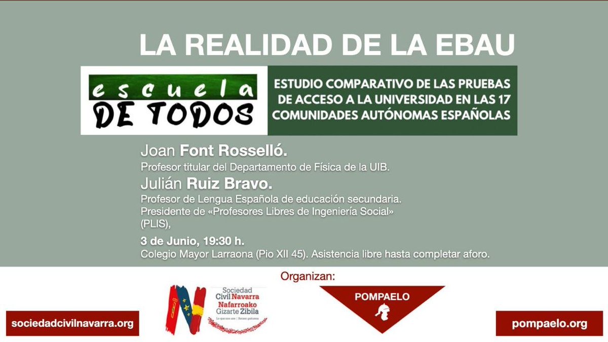 _escueladetodos's tweet photo. 🔈El próximo lunes estaremos en Navarra para presentar nuestro estudio sobre las diferencias de la EBAU

🗓️lunes, 3 de junio
⏰ 19.30 H
📍Colegio Mayor Larraona
        Avda. Pio XII, 45
        Pamplona

! Te esperamos! https://t.co/Ac04kczwDs