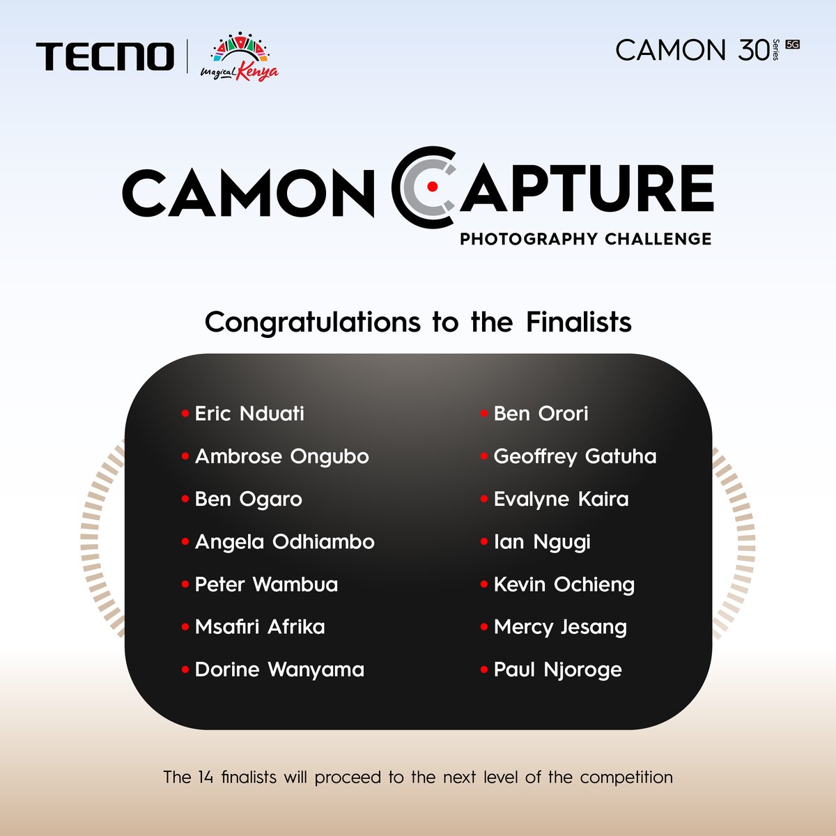 TECNOMobile254's tweet photo. Here are the #CamonCapture finalists! 🎉 Huge congratulations to all of you! Our team will be in touch soon with the next steps in the competition. 📸✨ #KenyaThroughYourLens #Camon30Series https://t.co/tloV4Pkwek