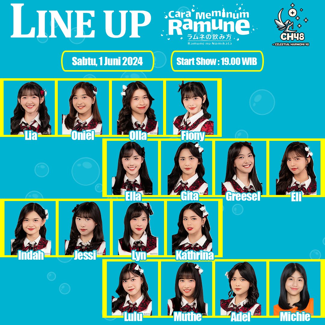 48celestharmony's tweet photo. Hello wots!!
Berikut adalah member yang akan tampil di show theater    
setlist: cara meminum ramune
Tanggal: 1 juni 2024. 
Hari:  sabtu
 jam: 19.00 WIB - selesai.

 Note: member bisa berubah seiring waktu tanpa pemberitahuan terlebih dahulu

Enjoy guys
#celestialharmony48
#jkt48 https://t.co/HzTsKEYnEV