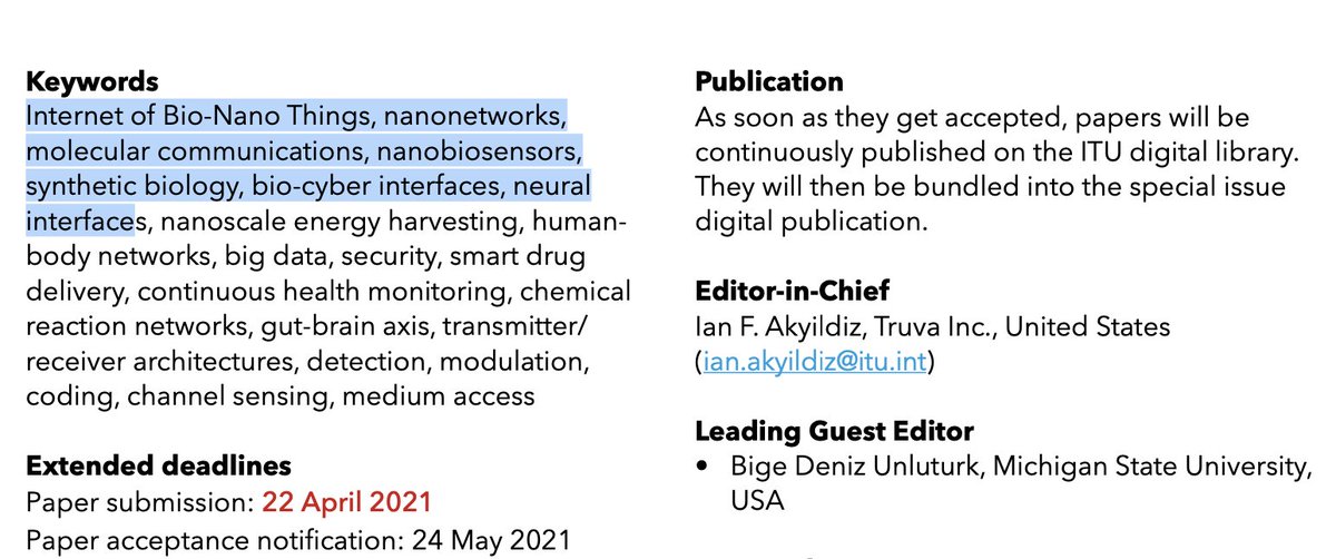 CorinneNokel's tweet image. INTERNET OF BIO-NANO THINGS
#NeuralInterfaces
#MolecularEngineering
#IntraBodyNanoSensorNetworks
#MicroBodyAreaNetwork
2021
Ian F. Akyildiz
IEEE 802.15.4
The Human Body as Internet of Internet Bio-Nano Things Infrastructure
International Telecommunication Union