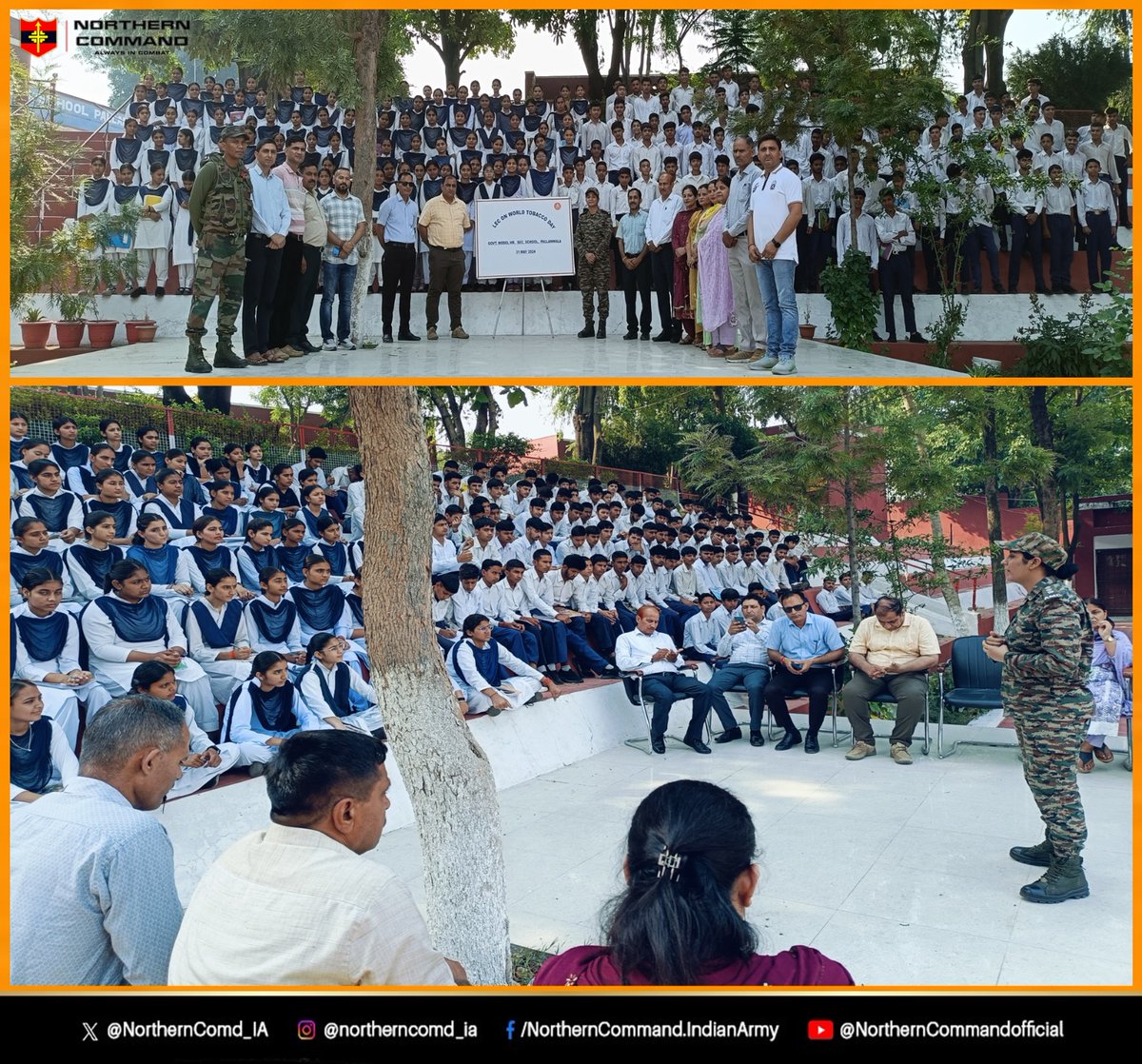 NorthernComd_IA's tweet image. "𝗕𝗿𝗲𝗮𝘁𝗵𝗲 𝗛𝗲𝗮𝗹𝘁𝗵, 𝗡𝗼𝘁 𝗦𝗺𝗼𝗸𝗲"

A vital #awarenessdrive on the health impacts of tobacco use was organised at Government Model Higher Secondary School, Pallanwala, with the #aim of rejecting all forms of cigarettes &amp;amp; tobacco to help us create a healthier