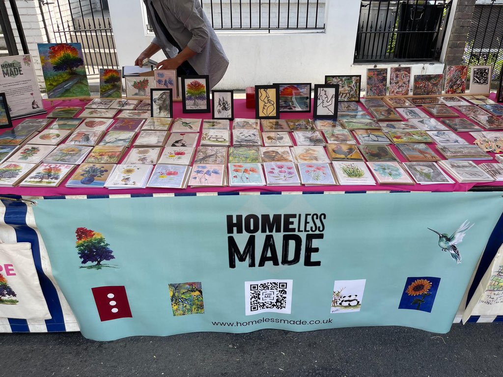 homelessmade's tweet photo. Good Morning @UKGiftHour 
Another stall today, this time at @lbhf Summer Festival on King Street, Hammersmith.
With new card designs, beautiful scented soap, candles &amp; original art too, do please come &amp; see us.
And a very Happy #PrideMonth too. https://t.co/rK2ajGhR4s