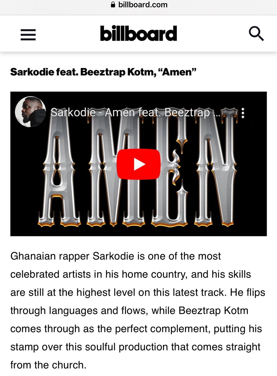 .<a href="/sarkodie/">Sarkodie</a>’s - AMEN ft <a href="/beeztrapkotm/">POWER🛡️</a> off the Championship Mixtape made it to Top 10 Afrobeats fresh picks by <a href="/billboard/">billboard</a> 

Link: billboard.com/music/music-ne…