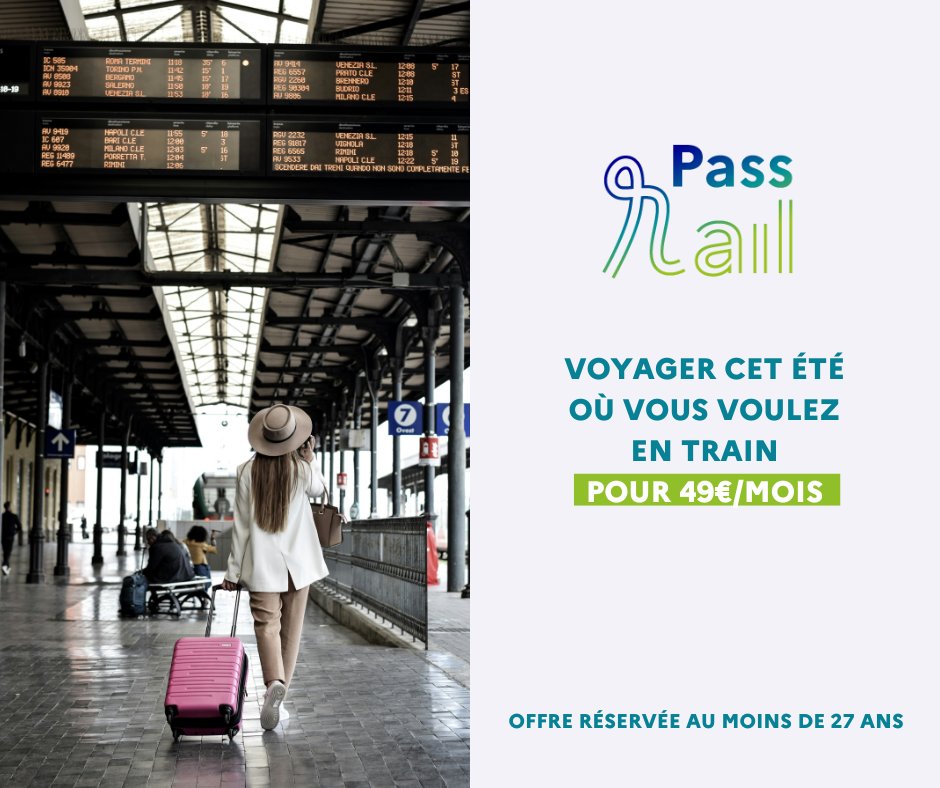 🚆 Vous avez moins de 27 ans et vous aimez voyager ? À partir de cet été grâce au Pass rail, vous pourrez voyager en illimité sur les TER et Intercités pour 49€/mois en juillet et août.