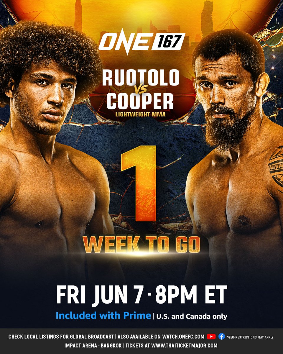 ONE week to go ⏳🔥 BJJ megastar Kade Ruotolo makes his MMA debut against Blake Cooper at ONE 167 on Prime Video! 👊 Who you got?

#ONE167 | Jun 7 at 8PM ET 
🇺🇸🇨🇦 Watch Live on Prime 
🇬🇧🇮🇪 Watch Live on Sky Sports 
🌍 Live TV broadcast in 190+ countries (check local listings)