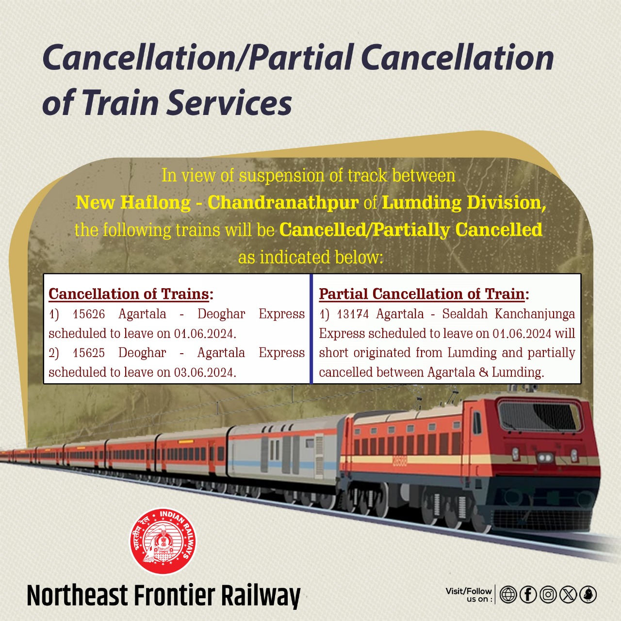 Northeast Frontier Railway on X: &ldquo;Cancellation of trains https://t 