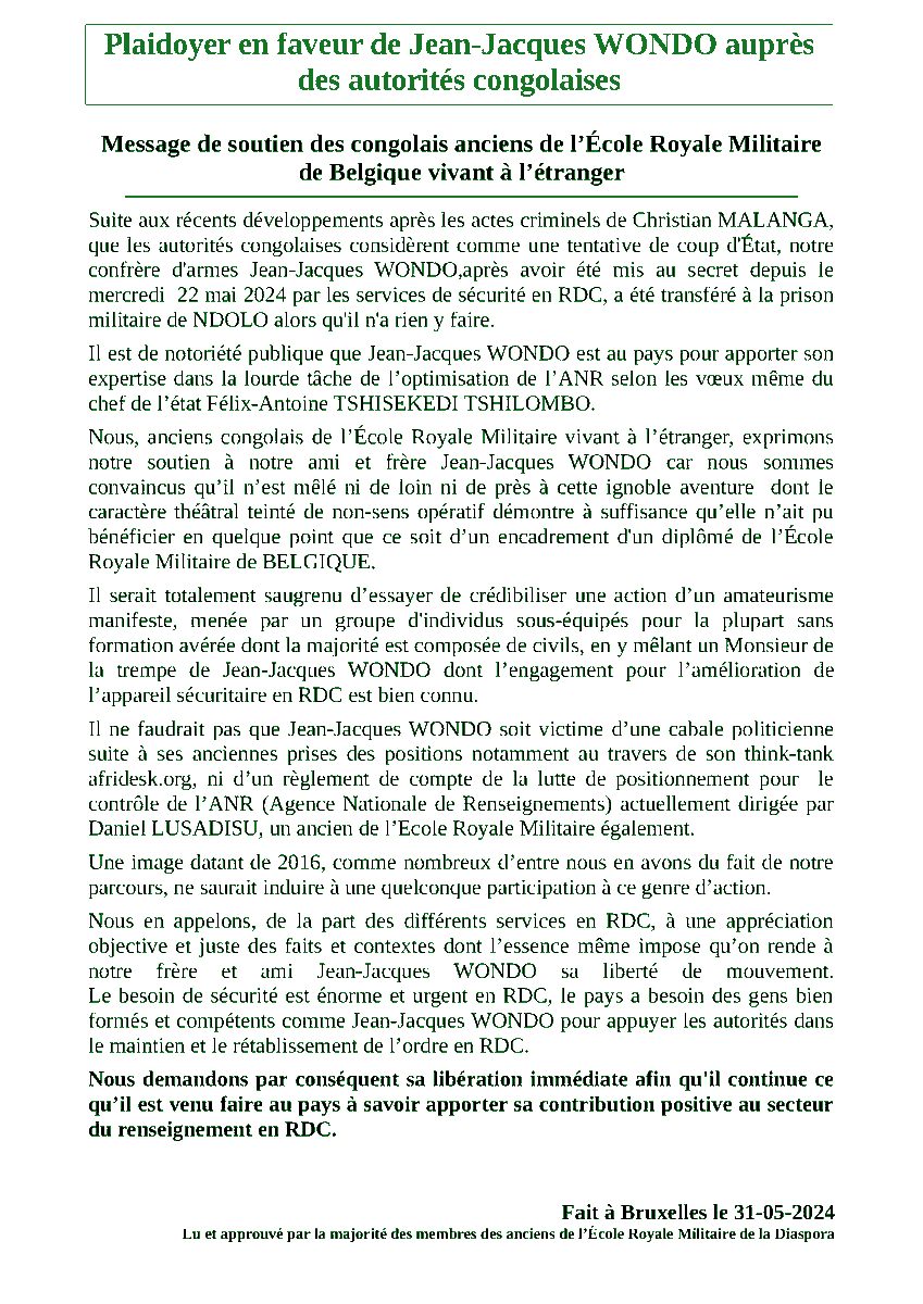 afrikarabia's tweet photo. #RDC Des anciens membres de l'Ecole royale militaire de Belgique #ERMB demandent la libération de @JJPWondo interpellé depuis le 22 mai pour des liens supposés avec la tentative de putsch ratée de Christian #Malanga. https://t.co/HV5imrIPHP