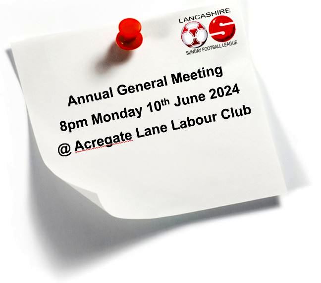 The League's Annual General Meeting will be held at Acregate Lane Labour Club on Monday 10 June 2024 at 8.00pm.

This is the most important meeting of the year and ALL clubs MUST be represented.

The Presentation of Awards for Season 2023 - 2024 will be made at the meeting.