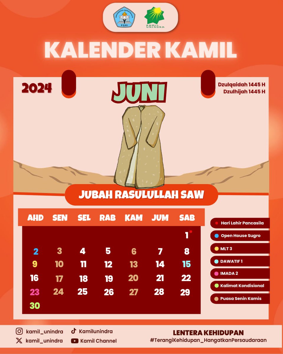 KALENDER DIGITAL KAMIL UNINDRA 2024

*Kalender Bulan Juni 2024*

Halo Sobat Kamil👋🏻
Yuk jangan lupa di catat ya untuk pengingat puasa sunnah serta hari-hari penting lainnya..
#kalenderkamil2024
#sejarahpeninggalannabi
#jubahrasullulahsaw
#UniversitasIndraprastaPGRI
#kamilunindra
