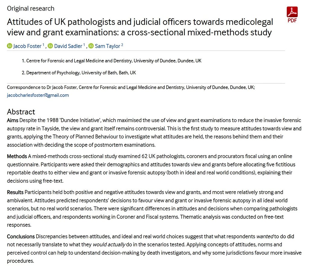 Our research on the attitudes of UK pathologists and judicial officers towards view and grants is available in JCP, demonstrating how social psychology can interface with forensic pathology to understand decision-making by death investigators: doi.org/10.1136/jcp-20…

🧵 1/7