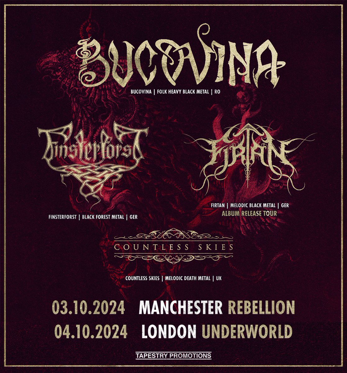 On Sale Now 🔥 Romanian folk metal #Bucovina return, joined by <a href="/_Finsterforst_/">Finsterforst</a>, @FirtanOfficial and <a href="/Countless_Skies/">Countless Skies</a>, live at <a href="/TheUnderworld/">The Underworld</a>, Friday 4th October.

🎟️ tinyurl.com/h7cuyytd

🎶 spoti.fi/3dIotnj