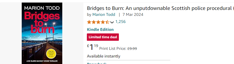 MarionETodd's tweet photo. Crumbs, Twitter: the bargains just keep coming. #BridgesToBurn is down to the weird price of £1.19 (119 feels like it might be a prime number - any maths geeks in the house?)
It's a time-limited deal so...
#crimefiction #scottishfiction #tartannoir https://t.co/JmgNMQryfq