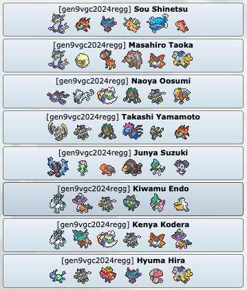 Japan Nationals Top 8 Teams:

Sou Shinetsu:
pokepast.es/3cce5c5dc8111e…
Masahiro Taoka:
pokepast.es/e28d6f47f47c2a…
Naoya Oosumi:
pokepast.es/ffea2cd780bbe4…
Takashi Yamamoto:
pokepast.es/f4d1b709eb1eb5…