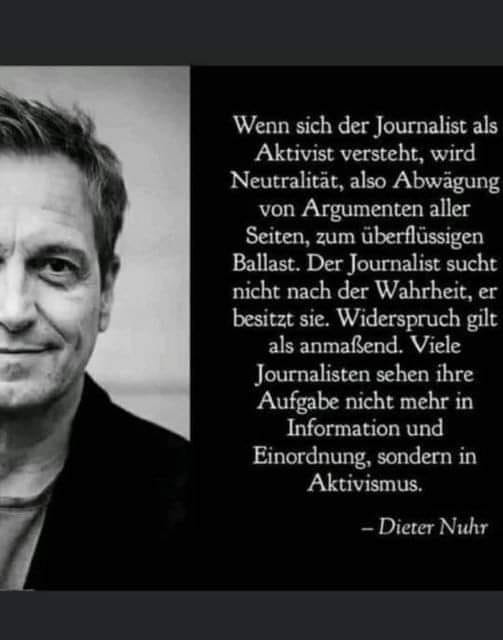 Bild  –  'Liebeslied' auf Journalisten
😱 #GRÜNFUNK (ÖRR & Co.) & seine Spezialisten
😱  AKTIVISTEN grün-linker 'Berichterstattung'
😱  ZERSTÖRER von Freiheit & Demokratie
😱  LAKAIEN im Auftrag der Regierung
😱  MASSENVERDUMMUNG (Ziel)
😱  VERRÄTER am Journalismus
Widerlich !!