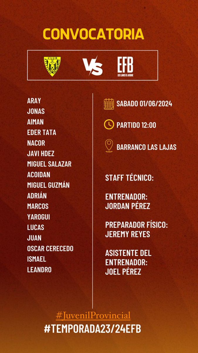 Losllanosefb's tweet photo. 🗒 𝐂𝐎𝐍𝐕𝐎𝐂𝐀𝐓𝐎𝐑𝐈𝐀 | Estos son los 1️⃣7️⃣ 
elegidos por Jordan Pérez para el #AtlTacoronteEFBLosLlanos de este Sábado en el Estadio Municipal Barranco Las Lajas💪 #VamosLosLlanos🧡 https://t.co/TOvYG0TtIL