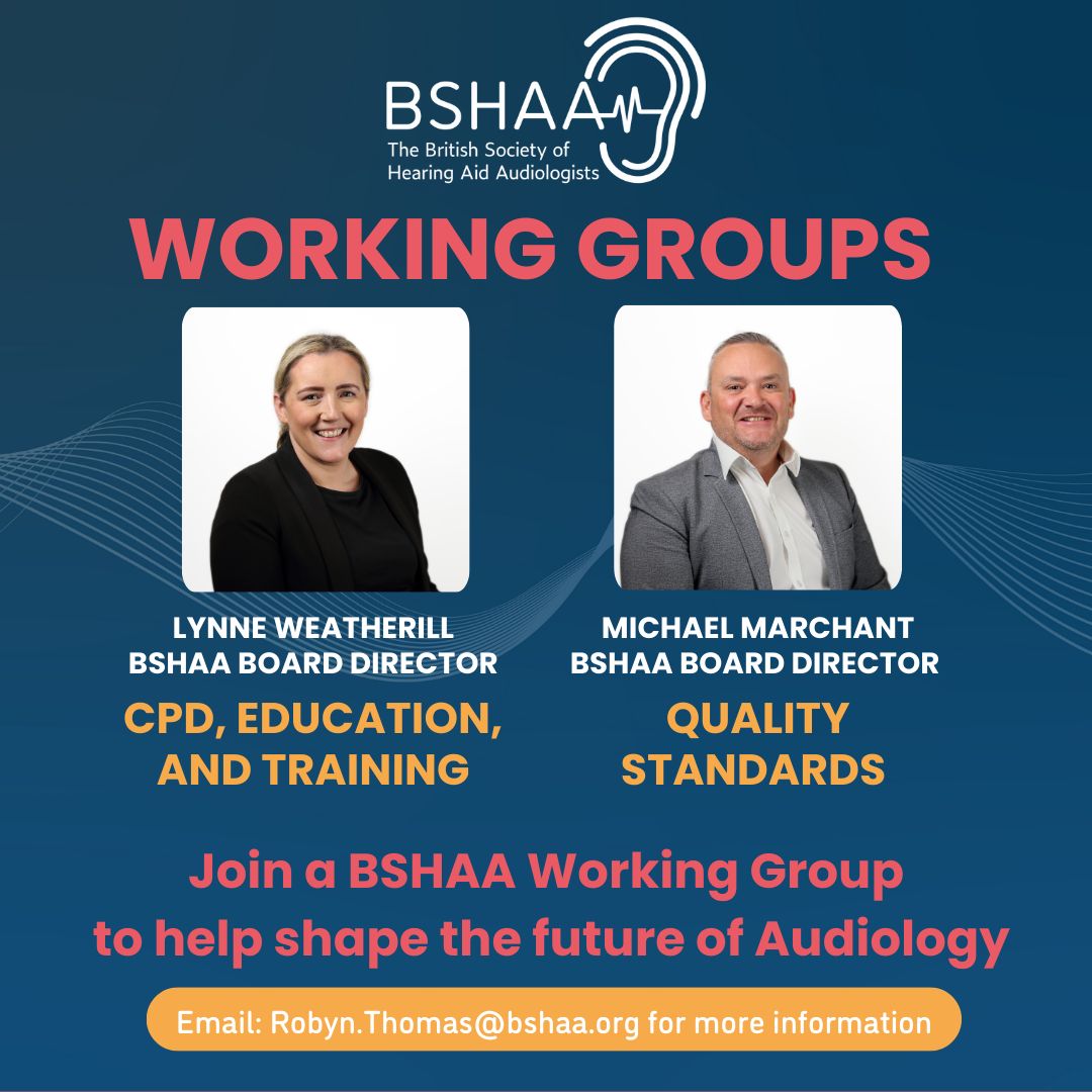 BSHAAUK's tweet image. INVITATION TO JOIN BSHAA'S QUALITY STANDARDS &amp;amp; CPD, EDUCATION &amp;amp; TRAINING WORKING GROUPS.

If you're ready to commit to shaping the future quality of audiology, we want to hear from you.

Please send a short email to robyn.thomas@bshaa.org summarising your experience.

#AudPeeps