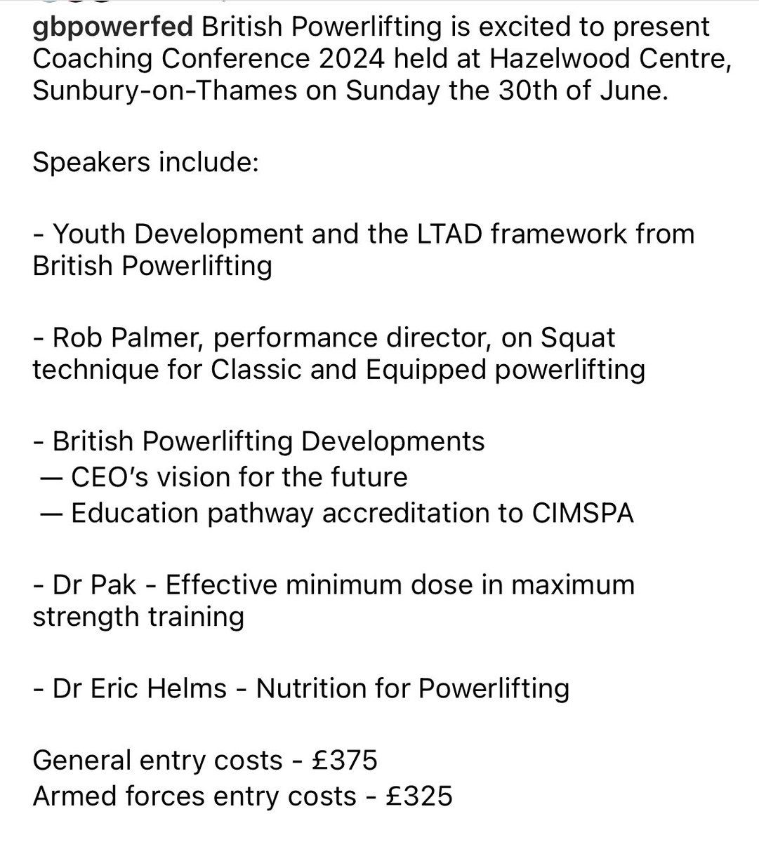 Mark Helme PhD (@markhelme1) on Twitter photo I will be presenting at the GB Powerlifting coaches conference on the work we have been doing to integrate LTAD principles into their sport.
Looking like a fantastic line up and great event!
<a href="/Jason_Coultman/">Jason</a>
<a href="/Webb97Lift/">Scott Webb</a>
<a href="/Robpalmer1982/">Rob Palmer</a>
<a href="/gbpowerfed/">British Powerlifting</a>
lnkd.in/gvbAqQwh I will be presenting at the GB Powerlifting coaches conference on the work we have been doing to integrate LTAD principles into their sport.
Looking like a fantastic line up and great event!
<a href="/Jason_Coultman/">Jason</a>
<a href="/Webb97Lift/">Scott Webb</a>
<a href="/Robpalmer1982/">Rob Palmer</a>
<a href="/gbpowerfed/">British Powerlifting</a>
lnkd.in/gvbAqQwh