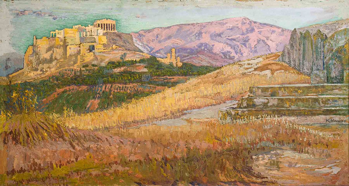 artdotgr's tweet image. Konstantinos Maleas | Κωνσταντίνος Μαλέας
Acropolis View from Pnyka | Η Ακρόπολη από την Πνύκα
1914 – 1917
Oil painting on cardboard, 54x 99 cm | Ελαιογραφία σε χαρτόνι, 54 x 99 εκ.

art.gr/2024/06/01/acr…

The painting depicts the sacred rock on the left with the Parthenon at…