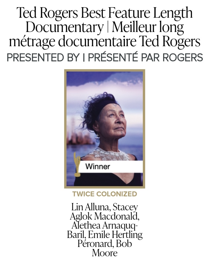 NinaNorlund's tweet photo. Wonderful news to wake up to this morning. Twice Colonized won the Ted Rogers Best Feature Length Documentary at yesterdays Canadian Screen Awards. So well deserved & if you haven't watched this incredible documentary yet, do so ASAP!
#TwiceColonized
#SupportIndigenousArtists https://t.co/OcEES64aVB