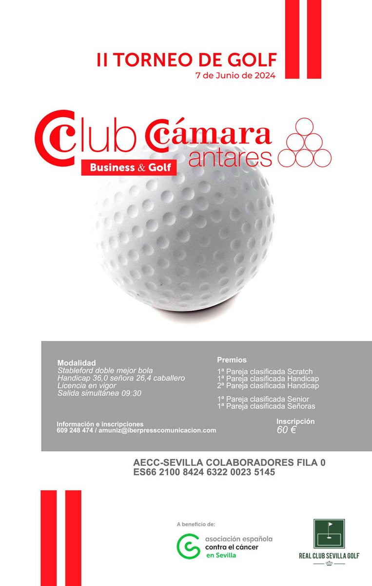 📍Segundo Torneo de Golf Club Cámara Antares. El próximo 7 de Junio en el Real Club Sevilla Golf ⛳️ a beneficio de la @ContraCancerEs @ContraCancerSEV @camaradesevilla #todoscontraelcancer #realclubdegolfsevilla