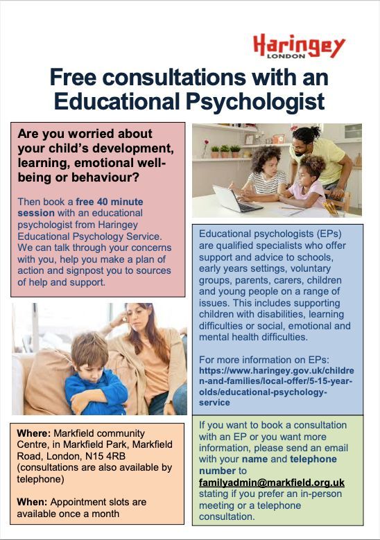 Worried about your child’s development, learning, emotional well-being or behaviour? 

Book a free 40 min session with a Haringey Educational Psychologist

➡️ To book or for more information email familyadmin@markfield.org.uk

#EducationalPsychologist #Haringey