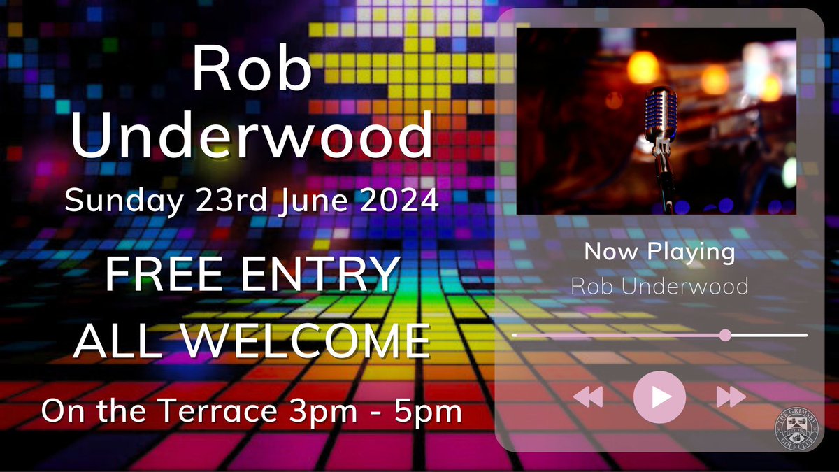 OUR NEXT SOCIAL EVENT - 🎤 SUNDAY 23RD JUNE 2024 🎤 
Rob Underwood - Performing live - 3pm till 5pm on the Outside Terrace 
*** FREE ENTRY ***
Come along with your friends and family for an enjoyable afternoon, Bring Your Blanket or Camping Chair
#golfclub #social #live #music