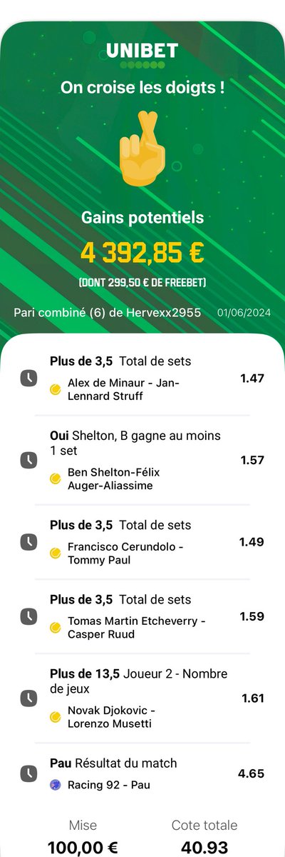 Mon premier pari sur ⁦@UnibetFrance⁩ !
J’offre 100€ parmi les RT si le pari passe ! 💪🏽🎁🔥🙏
#TeamParieur #rolandgarros