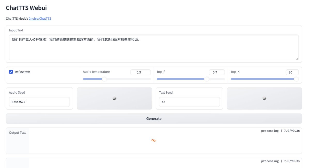 chatTTS在线跑起来教程：
1. fork github.com/2noise/ChatTTS
2. 打开codespaces
3. 安装依赖 pip install -r requirements.txt
4. 安装pip install gradio
5. 启动webui python webui.py