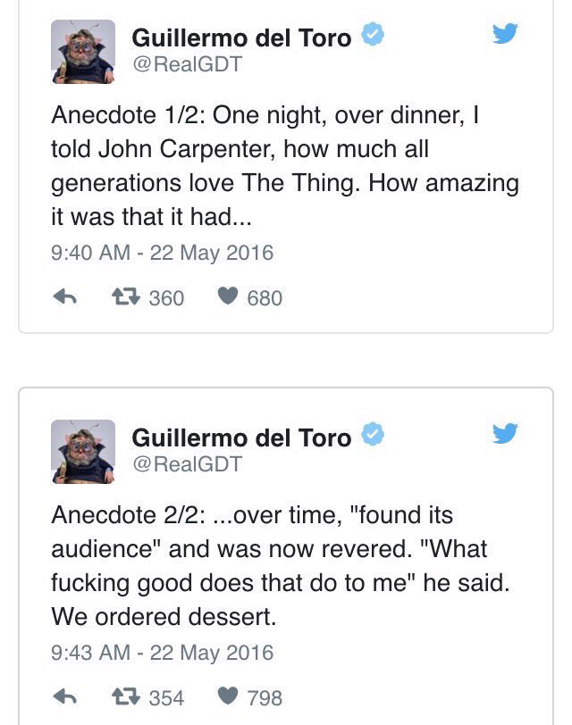 Guillermo Del Toro told a great anecdote on here about JOHN CARPENTER...