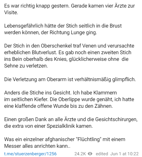 HeimatliebeDE's tweet photo. „Es war richtig knapp gestern.“

So sieht Michael #Stürzenberger aktuell aus.
Gezeichnet von diesem widerlichen islamistischen Mordanschlag.

#Mannheim ist kein Einzelfall. Es muss endlich was passieren! 

👇 Auf Telegram schreibt er Folgendes: