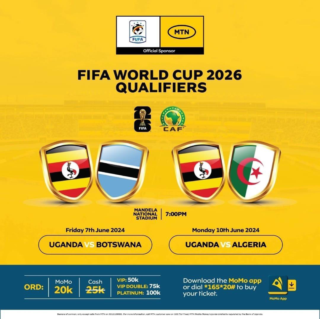 MoMo from MTN Uganda (@mtnmomoug) on Twitter photo ππ ππ€π€, ππππ£ππ πΎπ§ππ£ππ¨ ππ ππ€π€π€!! π’
Get ready to cheer on our national team! πͺ Dial *165*20# or use the #MTNMoMo App to get tickets for Uganda πΊπ¬ vs. Botswana π§πΌ & Algeria π©πΏ matches at 20k (originally 25k).
Limited time offer & tickets available!β° ππ ππ€π€, ππππ£ππ πΎπ§ππ£ππ¨ ππ ππ€π€π€!! π’
Get ready to cheer on our national team! πͺ Dial *165*20# or use the #MTNMoMo App to get tickets for Uganda πΊπ¬ vs. Botswana π§πΌ & Algeria π©πΏ matches at 20k (originally 25k).
Limited time offer & tickets available!β°
