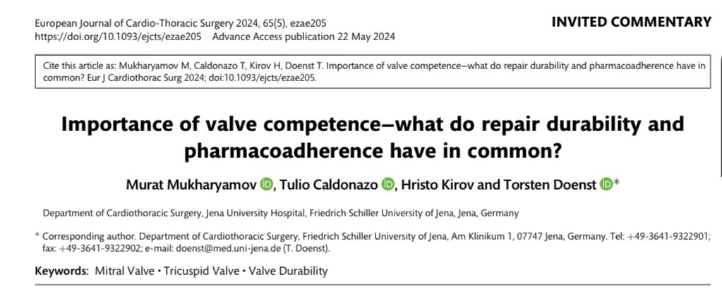 🤔 What do medical therapy compliance and competent valves have in common: 🫀Check out our new editorial in EJCTS!

#cardiac_surgery
#mitral_valve 
#tricuspid_valve 

🔗 doi.org/10.1093/ejcts/…