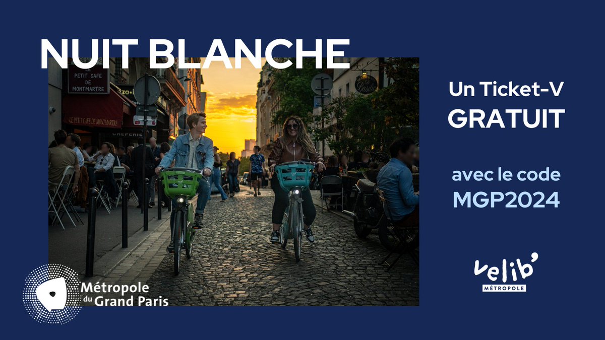 Fêtez la #NuitBlanche avec #Vélib’ ! 🎇
Pour l’occasion, le Ticket-V (1 trajet de 45 minutes) est #gratuit avec le code « MGP2024 » 
L’offre est valable du samedi 1er juin à 18h jusqu'au dimanche matin 8h 🥳 Allez : tous à Vélib’ ! 

Pour en savoir plus 👉 blog.velib-metropole.fr/nuit-blanche-a…