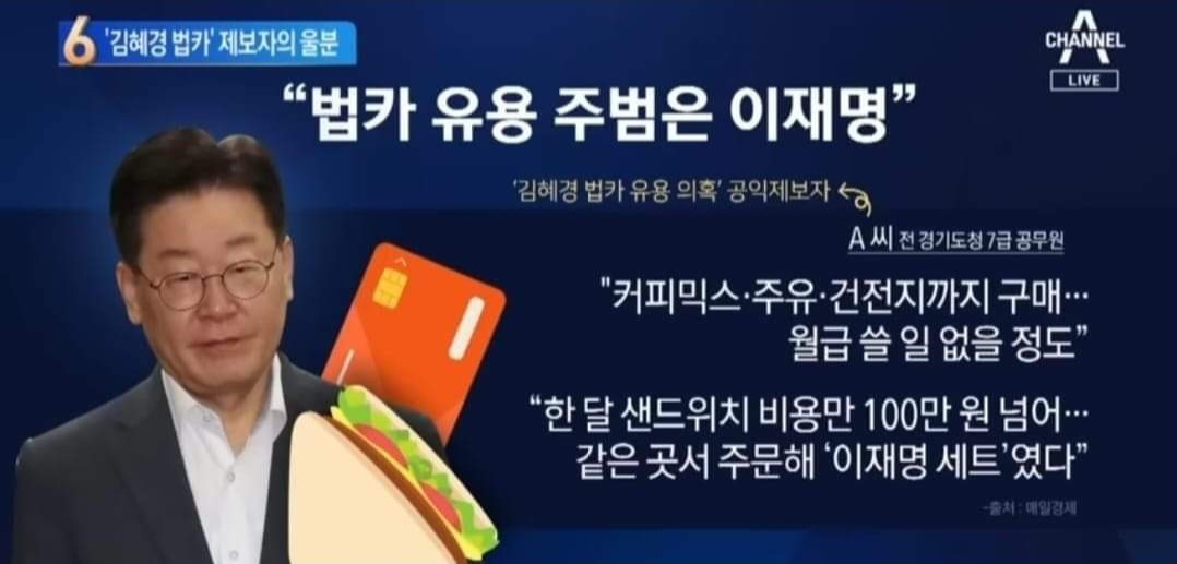 국민들에겐 한달에 꼴랑 50만원씩 받고 어디 시골 같은데 내려가 푸성귀나 키우며 살라고 말하면서 지는 법카로 한달에 100만원어치 샌드위치 쳐 사드시는 이재명 센세 ㅋㅋㅋㅋ