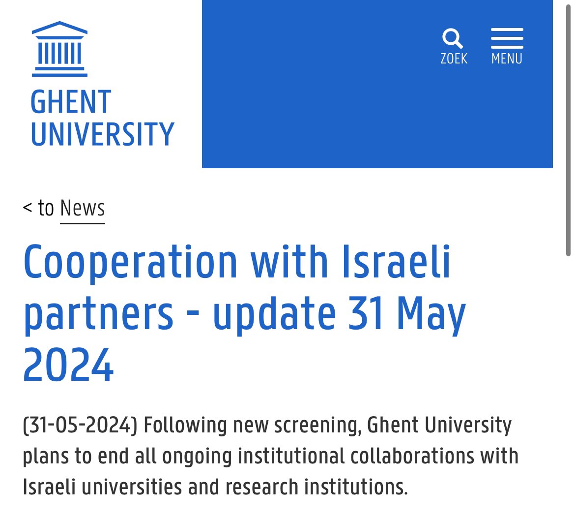 This is big. One of Europe’s biggest universities, Ghent  in Belgium, will discontinue all institutional collaborations with Israeli universities and research institutions. Never doubt that the global movement for Palestinian liberation is working. 

ugent.be/en/news-events…