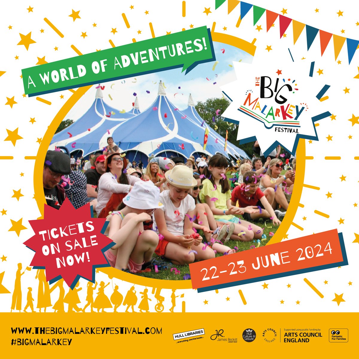 Tickets are now on sale for @hull_libraries #BigMalarkey festival! Get ready for ‘a world of adventures’ celebrating children’s books and stories in #Hull. 🎟️Sat 22 June - eventbrite.co.uk/e/the-big-mala… 🎟️Sun 23 June - eventbrite.co.uk/e/the-big-mala… 🎪 What's On - bit.ly/TBMF-24