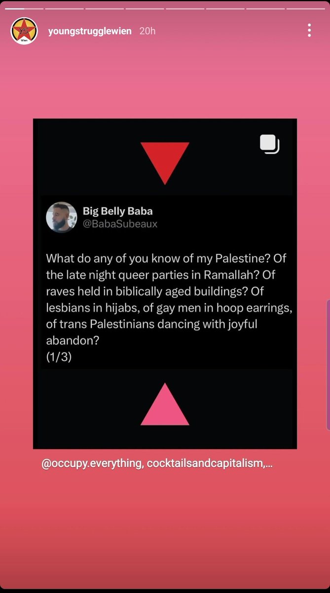 Palästina: Wer kennt sie nicht, die weltberühmten Queer Parties, Raves, Lesben in Hijabs (!!), die schwulen Männer mit ihren Ohrringen, die freudig tanzenden Transpersonen. Alles unter dem Banner des roten Dreiecks 🥰

Linksextreme AntisemitInnen in 🇦🇹 und ihre Wahnvorstellungen.