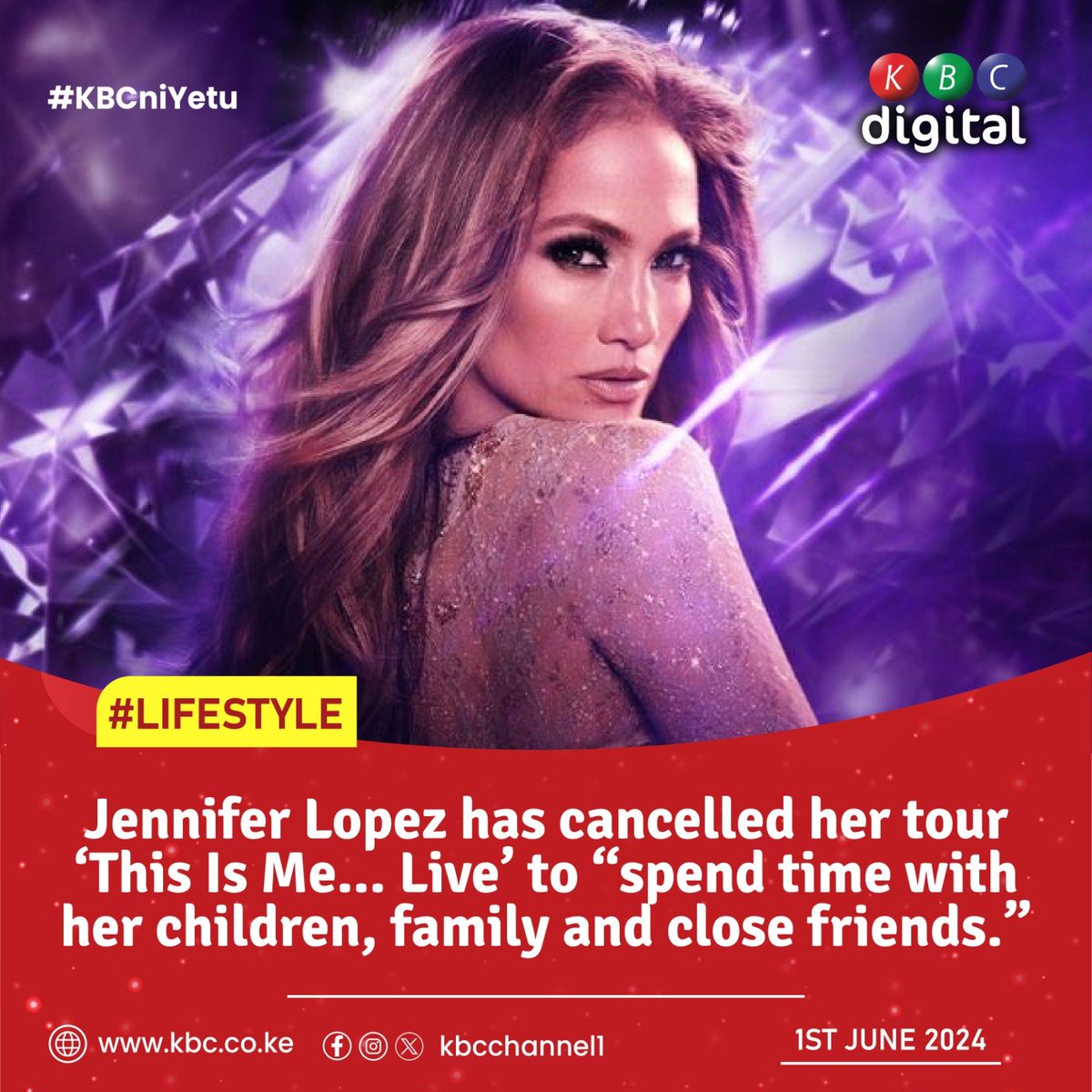 Jennifer Lopez has cancelled her tour ‘This Is Me... Live’ to “spend time with her children, family and close friends.” #KBCniYetu ^RO