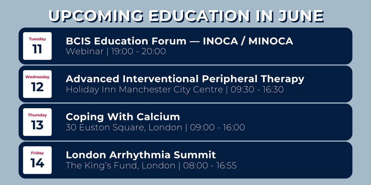 Hello June 🌞 Here's what medical education we've got coming up this month 👇 @BCIS_uk Education Forum webinar — INOCA/MINOCA — 11 June #AIPT — 12 June #CopingWithCalcium — 13 June #LDNArrhythmiaSummit — 14 June Browse all our upcoming conferences here: bit.ly/41akfi9