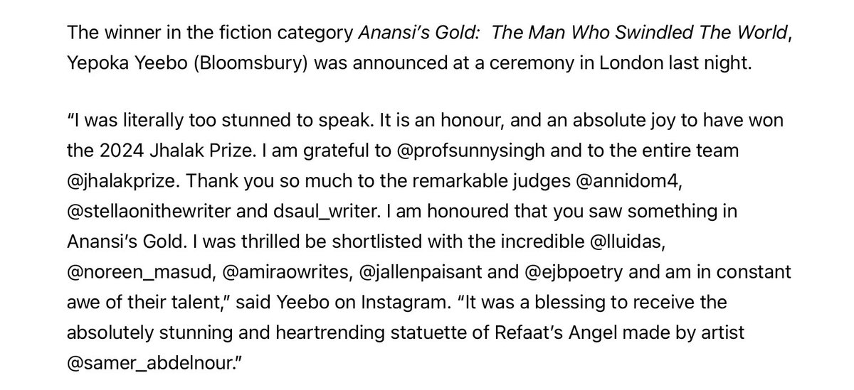 Jhalak Prize (@jhalakprize) on Twitter photo A lovely statement by #jhalakprize24 winner <a href="/yepoka/">Yepoka Yeebo</a> at <a href="/writingafrica_/">Writing Africa</a>.
With hat tips to judges <a href="/DomingoAnni/">Anni Domingo</a> <a href="/SOnithewriter/">Stella Oni</a> & <a href="/DeniseSaul/">Dr Denise Saul</a>; fellow shortlistees <a href="/Luidas/">Anne Arbas</a> <a href="/NoreenMasud/">Noreen Masud</a> <a href="/jallenpaisant/">Jason Allen-Paisant</a>, Ami Rao & Elizabeth-Jane Burnett; & to Jhalak Artist in Residence <a href="/SamerAbdelnour/">Sam of the Nord</a> A lovely statement by #jhalakprize24 winner <a href="/yepoka/">Yepoka Yeebo</a> at <a href="/writingafrica_/">Writing Africa</a>.
With hat tips to judges <a href="/DomingoAnni/">Anni Domingo</a> <a href="/SOnithewriter/">Stella Oni</a> & <a href="/DeniseSaul/">Dr Denise Saul</a>; fellow shortlistees <a href="/Luidas/">Anne Arbas</a> <a href="/NoreenMasud/">Noreen Masud</a> <a href="/jallenpaisant/">Jason Allen-Paisant</a>, Ami Rao & Elizabeth-Jane Burnett; & to Jhalak Artist in Residence <a href="/SamerAbdelnour/">Sam of the Nord</a>