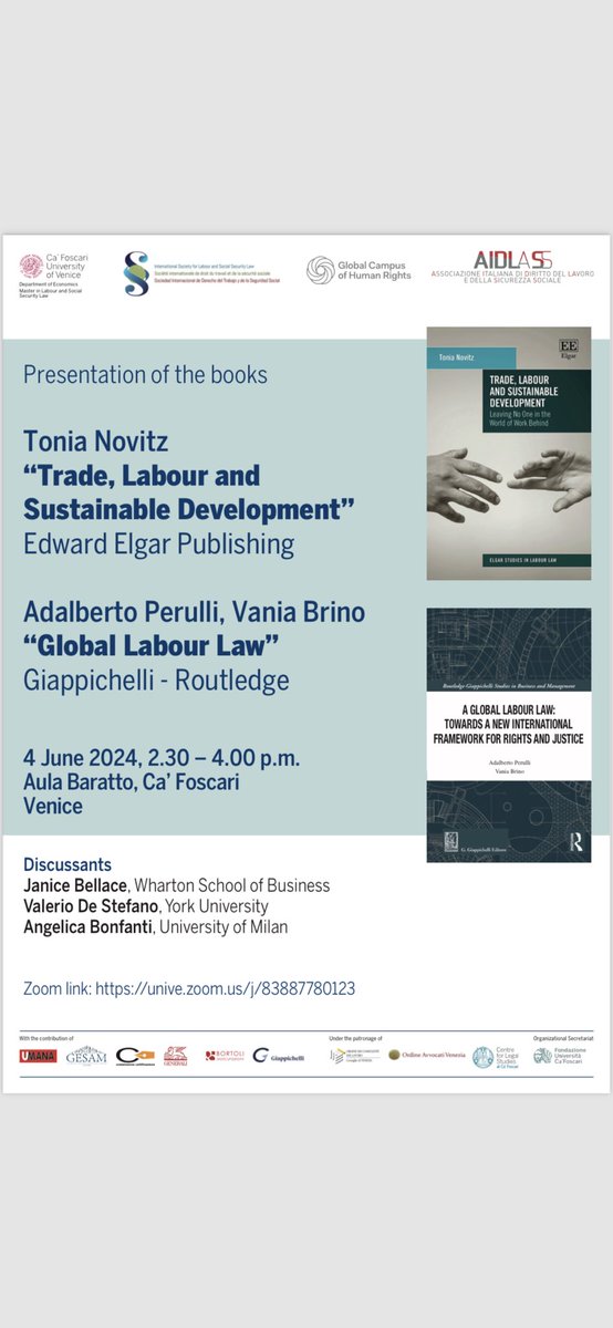 Please join us online for a discussion of Perulli & Brino’s new book on ‘Global Labour Law’ & mine too -