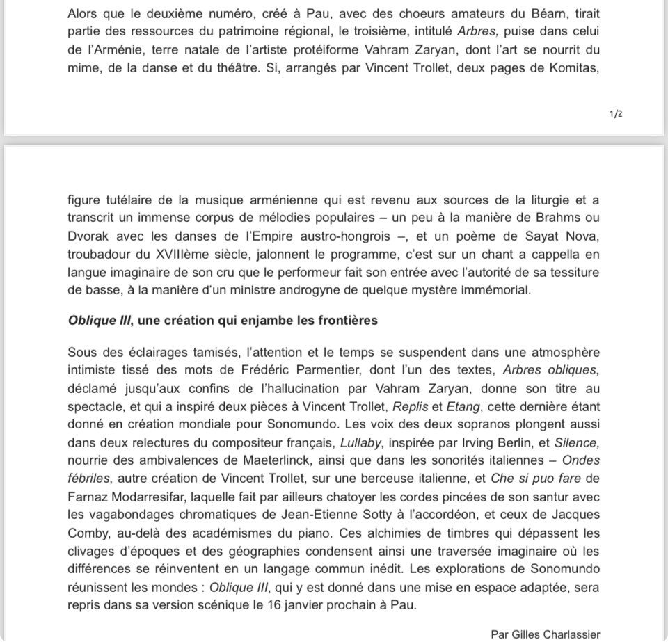 Article de G. #Charlassier sur la création #ObliqueCycle3 #Arbres. Spectacle créé à la Fondation <a href="/royaumont/">Royaumont</a> et joué à la BLGF dans le cadre du festival #festivalsonomundo. Merci !
…
#vahramzaryan