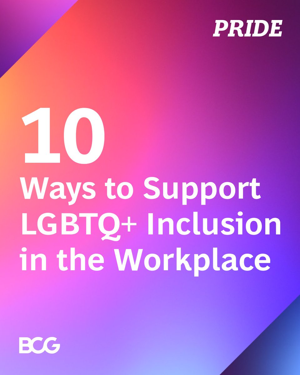 BCG's tweet photo. In honor of Pride Month, ten Pride@BCG members shared their practical tips and strategies for fostering inclusion in the workplace.
Learn how you can best empower LGBTQ+ employees and allies: https://t.co/3w8FJfur0e
#PrideAtBCG https://t.co/GN8FMsvQlJ